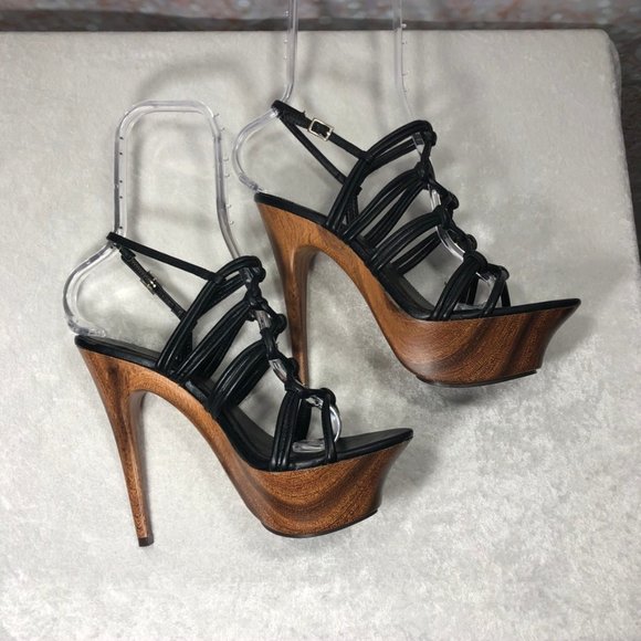 Anne Michelle Shoes - Anne Michelle Wood Bottom Black Hi Heel Sandal 8.5